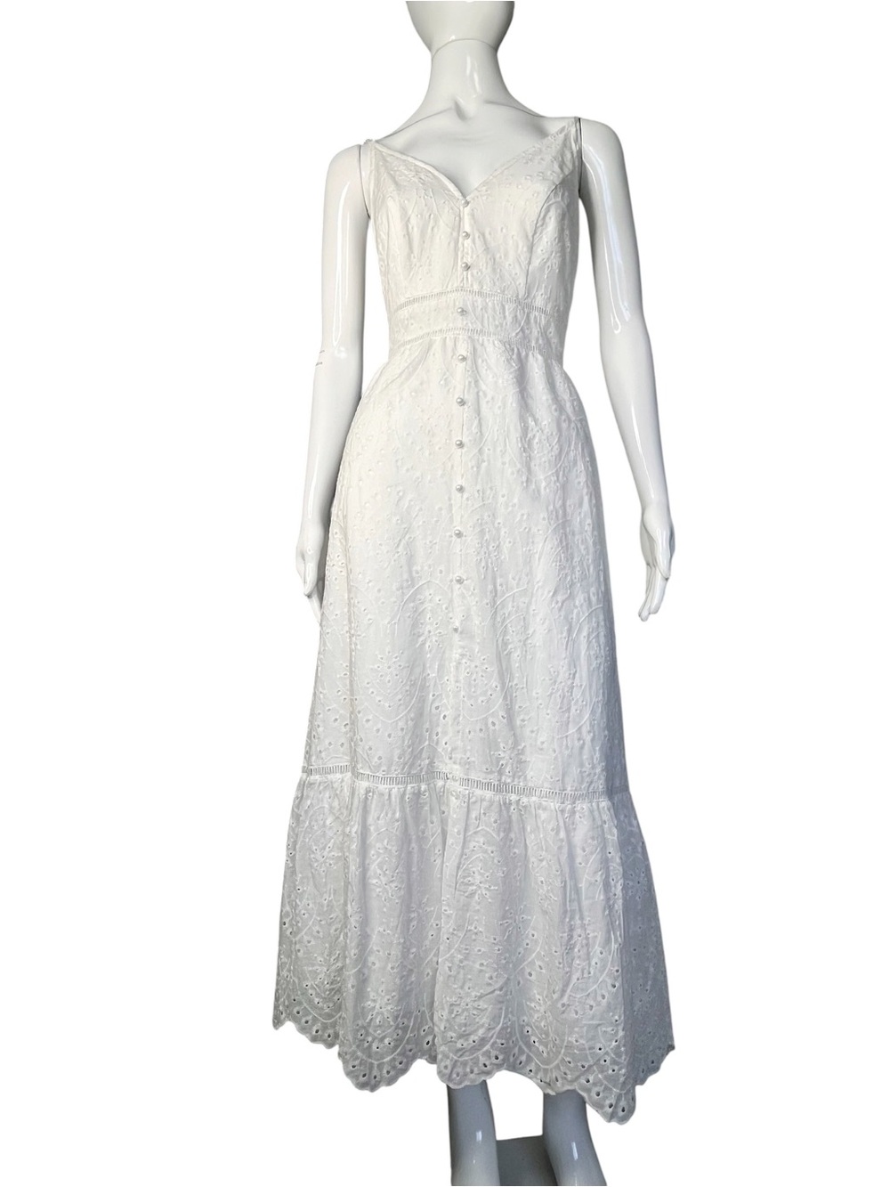 Simplee White Cotton Eyelett Spagetti Strap Tiered Ruffle Hem Maxi Dress Sz L